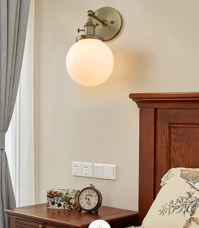 PERMO Vintage Wall Sconce Lighting Fixture with 5.9" Round Globe Milk White Glass Hand Blown Shade Hardwired Wall sconces with Switch (Antique Brass)