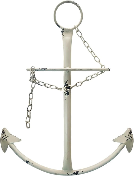 Nautical Anchor Wall Decor,Antique Metal Anchor Art Wall Decor With Chain for Bedroom Living Room Dorm Home/13" Antique Anchor with Chain Wall Decor,Antique Metal Anchor Farmhouse Decor(Creamy White)