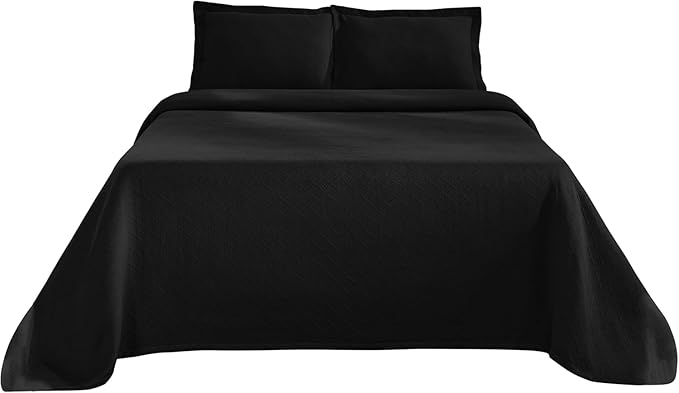 Superior 100% Cotton Basket Weave Bedspread with Shams, All-Season Premium Cotton Matelasse Jacquard Bedding, Quilted-Look Geometric Basket, King, Black
