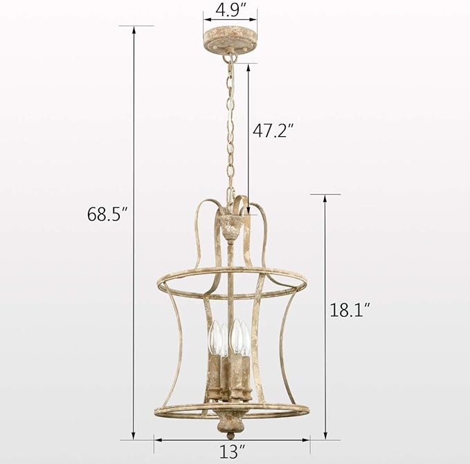 French Country Lantern Chandelier 4-Light Distressed White Pendant Light Fixtures with Chain Modern Farmhouse Lantern Pendant Lighting for Kitchen Island Dining Room