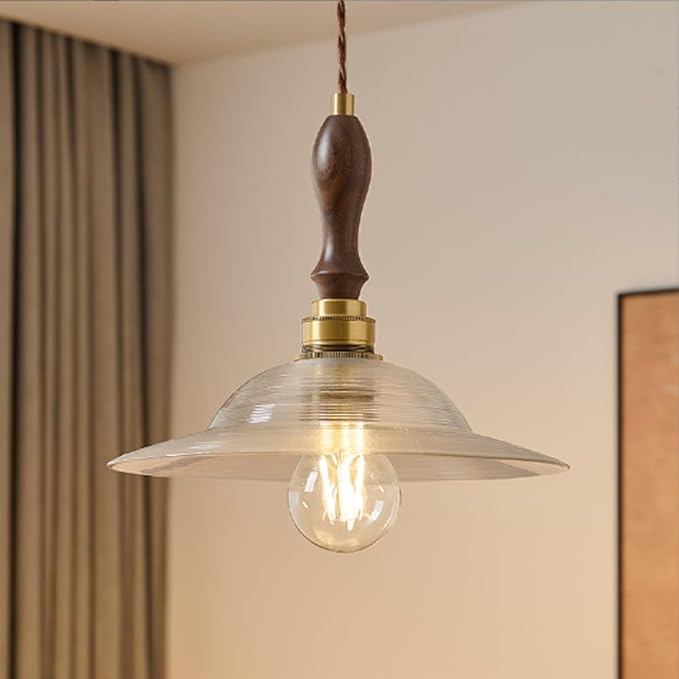 French Clear Disc Glass Hanging Lamp Vintage Wood Decorate Hanging Light 7.9in Golden Metal Base Hanging Lights with E26/E27 Base for Kitchen Home Island Bedroom