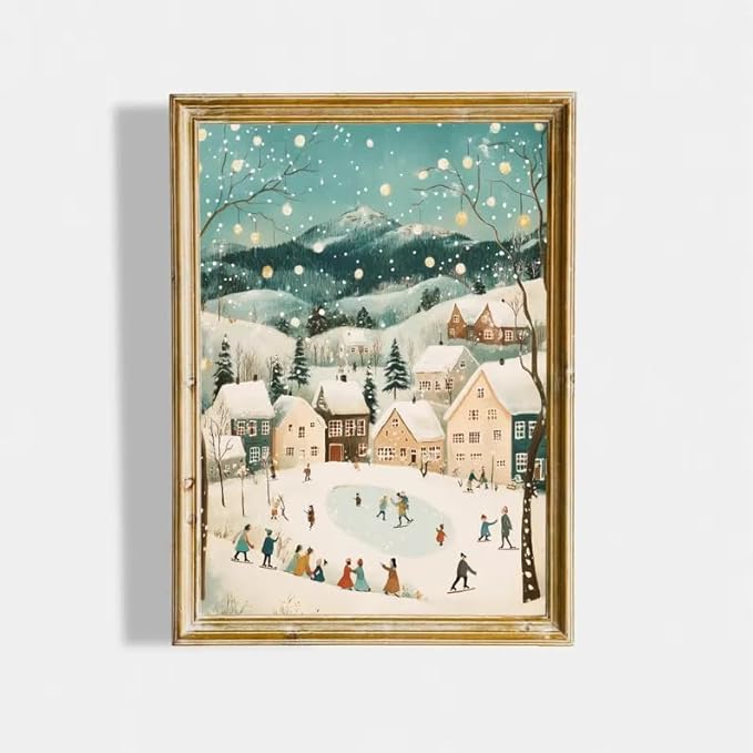 OZCONO Christmas Village Wall Art for Holiday Home Decor, Farmhouse Art, Pastel Winter Landscape Artwork, Snowy Town Scene, Cottagecore Xmas Print (Unframed) (20x30)