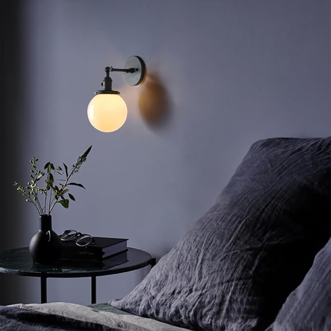 PERMO Vintage Industrial Wall Sconce Lighting Fixture with 5.9" Round Globe Milk White Glass Hand Blown Shade (Matte Black)