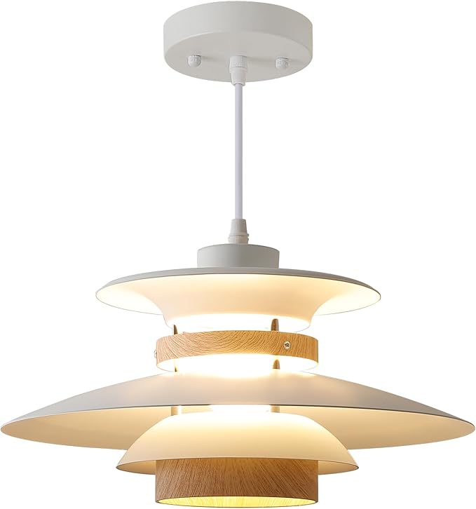 Modern Decor Adjustable Pendant Lamp Kitchen Island, Aluminum and Wood Finish,1-Light E26 Base Ceiling Hanging Light for Dining Room Shop Restaurant (White+Light Wood Grain, 35cm)