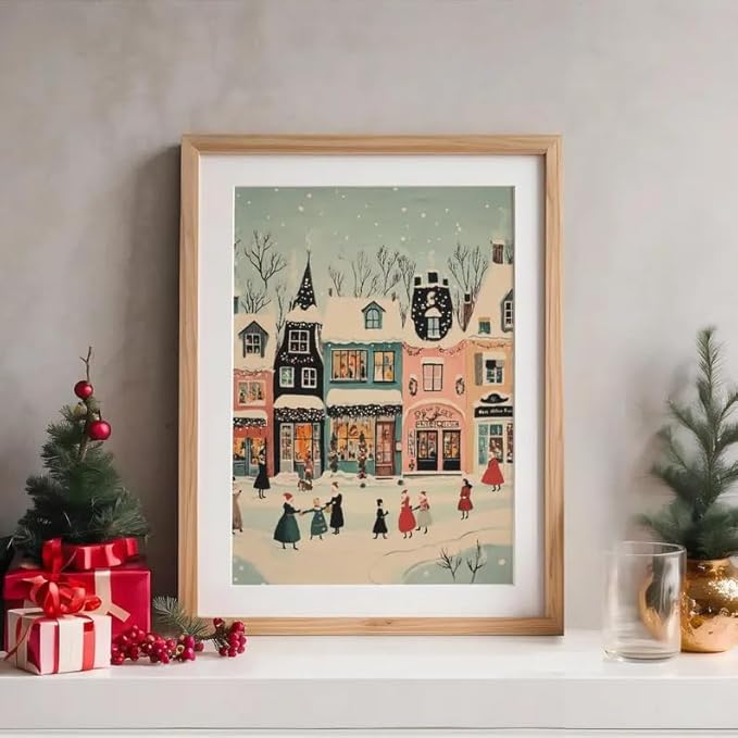 OZCONO Christmas Village Wall Art for Cozy Holiday Decor, Snowy Town Scene for Seasonal Home, Winter Village Artwork, Hello December Print, Xmas Design (Unframed) (16x24)