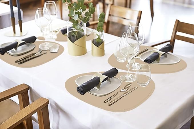 Faux Leather Placemats Set of 2 and Coasters, Heat Resistant Placemats for Dining Table, Waterproof Wipeable Washable Dinner Table Mats, Easy to Clean Kitchen Place Mats Romantic Golden