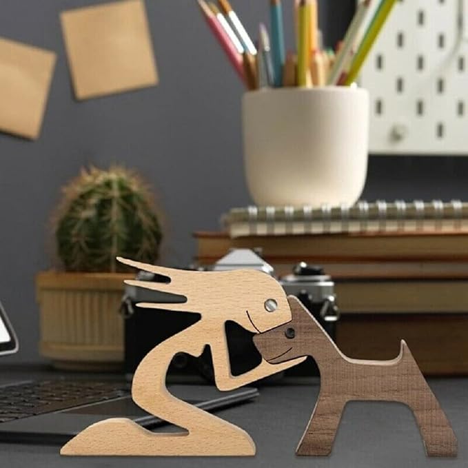 Unique Gift Hand Carved Wood Human & Dog Statue Figurine Sculpture Home Office Decor, Wooden Man & Dog Carving Model to Remember Friendship Between People & Pets (C)