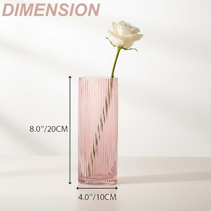 Pink Glass Vases, Flower Vases Set of 3, Ribbed Glass Vase for Tulips, Tall Cylinder Glass Vases for Living Room, Bedroom, Dining Table, Office, Wedding, Bookshelf Decoration, 8 Inches