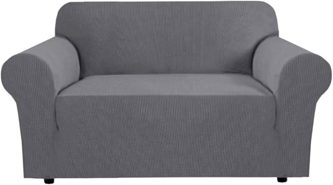 H.VERSAILTEX Stretch Couch Cover Loveseat Covers for 2 Cushion Couch Slipcover|Sofa Cover for Love seat 1 Piece with Elastic Bottom, Checked Jacquard Fabric(Loveseat 58'-70' Wide, Grey)