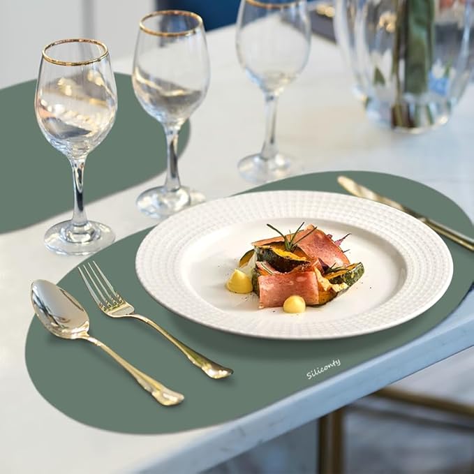 Silicone Placemats, Oval Placemats Set of 4. Heat-Resistant and Easy to Clean Siliconty Mats, Non-Slip Silicone Placemats for Table Protection. (2, Dark Green)