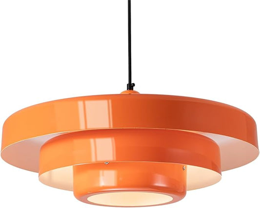 Modern Large Pendant Light Fixture, 17.7 inch Vintage Orange Ceiling Hanging Lamp with 3-Layer Metal Shade, Height Adjustable, Mid Century Chandelier for Kitchen Island Lighting,Dining Room