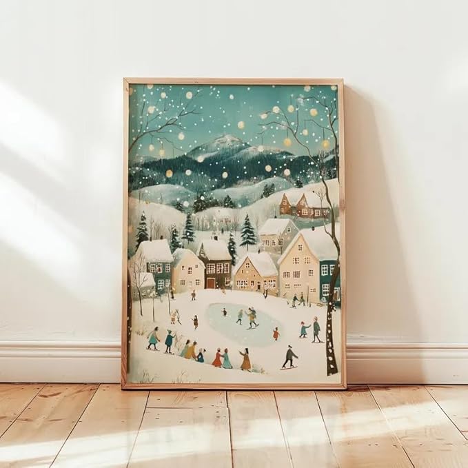 OZCONO Christmas Village Wall Art for Holiday Home Decor, Farmhouse Art, Pastel Winter Landscape Artwork, Snowy Town Scene, Cottagecore Xmas Print (Unframed) (20x30)