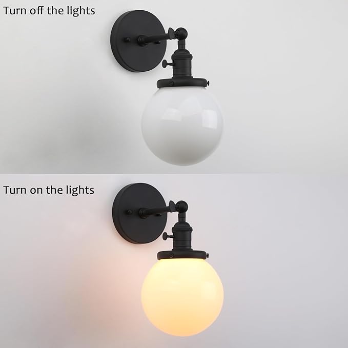 PERMO Vintage Industrial Wall Sconce Lighting Fixture with 5.9" Round Globe Milk White Glass Hand Blown Shade (Matte Black)