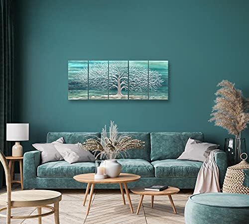 RICHSPACE ARTS Home and Kitchen Metal Wall Art Gray White Tree Turquoise Nature Scene Decor 3d Wall Sculpture with Hanger Set of 5-Piece Ornament