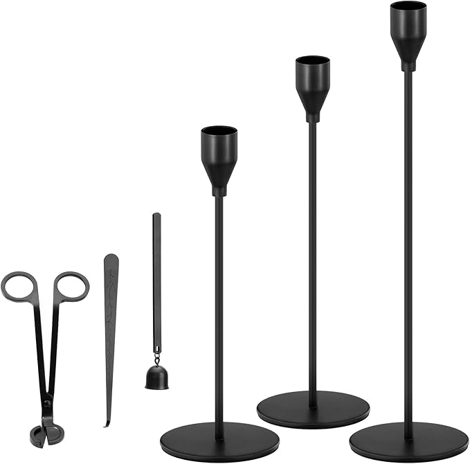 Black Taper Candle Holders, Candlestick Holders, Candle Holders with 3 in 1 Candle Accessory Set, Metal Candle Stand for Mantle Table Centerpiece, Weddings, Dining, Housewarming(Set of 6)
