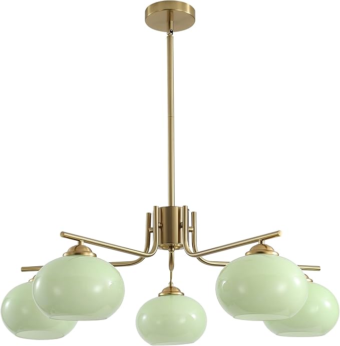 KCO Lighting Green Glass Pendant Light 5 Light Large Globe Chandelier Brushed Brass Sputnik Chandelier Mid Century Modern Chandelier Light Fixture for Dining Room Bedroom
