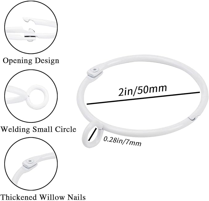 Openable Curtain Rings with Eyelet,24PCS White Curtain Rings,Drapes Rings 2 in Interior Diameter,Hinge Snap-Joint Design, Fits Curtain Rods Up to 1.8 Inches TXZWJZ