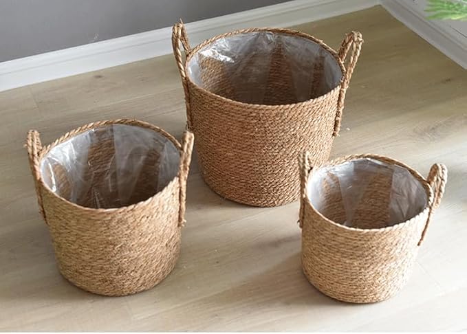 Kerio Seagrass Planter Basket Straw Plant Basket Woven Flower Plant Pot Plant Containers with Plastic Liner for Indoor Plants Laundry Room 11.8Inch