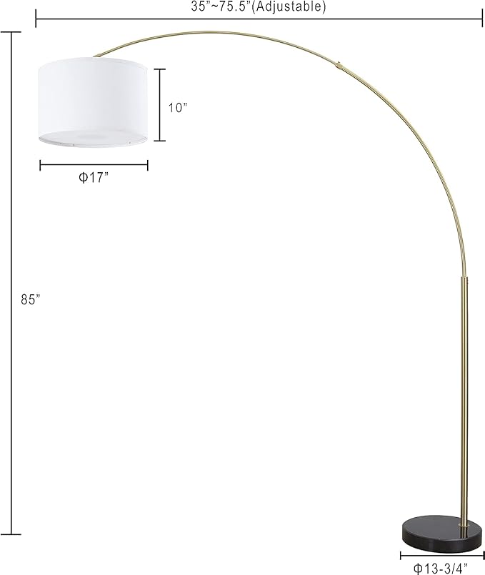 Major-Q Contemporary 81" Tall Standing Arc Floor Lamp Adjustable Height, Remote Control, Real Marble Base - Ideal for Behind Sofa Living and Dining Rooms - Gold
