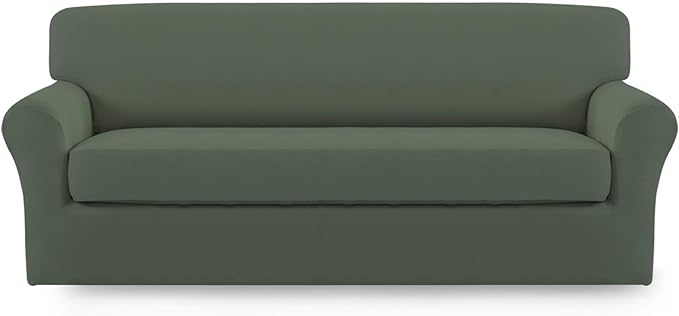Easy-Going 2 Pieces Microfiber Stretch Sofa Slipcover – Spandex Soft Fitted Sofa Couch Cover, Washable Furniture Protector with Elastic Bottom Kids,Pet (Oversized Sofa, Greyish Green)