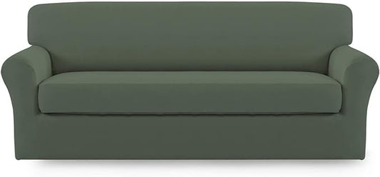 Easy-Going 2 Pieces Microfiber Stretch Sofa Slipcover – Spandex Soft Fitted Sofa Couch Cover, Washable Furniture Protector with Elastic Bottom Kids,Pet (Oversized Sofa, Greyish Green)