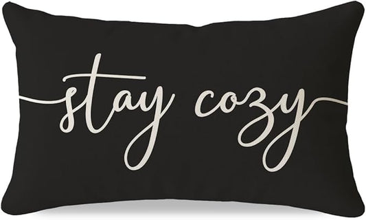 PANDICORN Black and White Pillow Cover 12x20 Inch, Stay Cozy Modern Farmhouse Lumbar Decorative Cushion Case for Couch Sofa or Bed, Minimalist Living Room or Entryway Home Decoration Accent