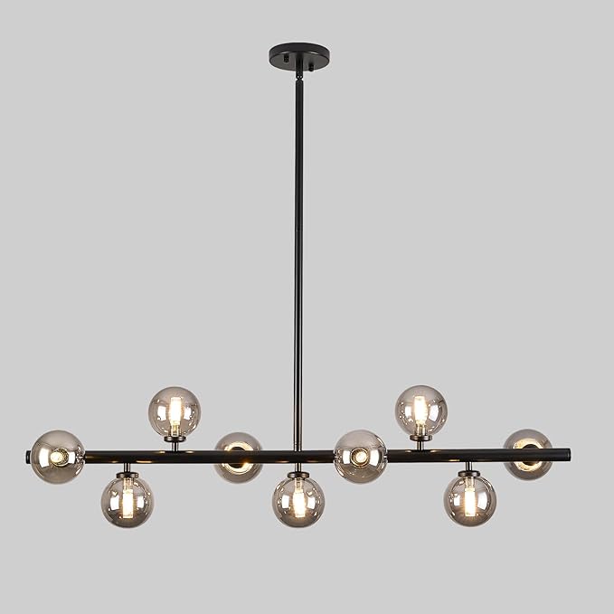 Mid Century Modern Globe Sputnik Chandelier, 9-Light Linear Chandeliers for Dining Room and Kitchen Island, Dining Light Fixture Over Table, Black and Smoke Grey Glass Bubble, 40 Inch