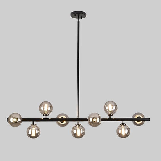 Mid Century Modern Globe Sputnik Chandelier, 9-Light Linear Chandeliers for Dining Room and Kitchen Island, Dining Light Fixture Over Table, Black and Smoke Grey Glass Bubble, 40 Inch