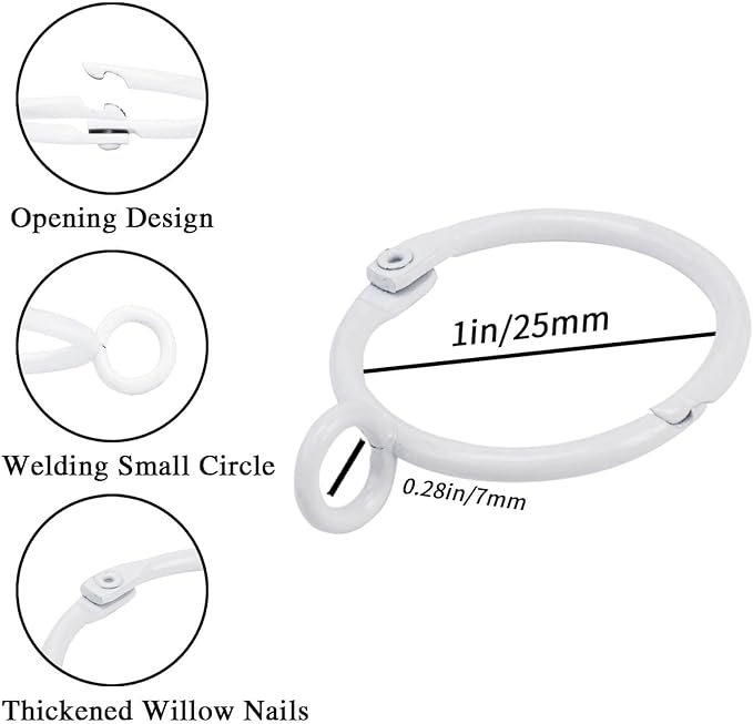 Openable Curtain Rings with Eyelet,24PCS Curtain Rings,Drapes Rings 1 in Interior Diameter,Hinge Snap-Joint Design, Fits Curtain Rods Up to 6/8 in Inches White TXZWJZ