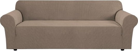 H.VERSAILTEX Stretch Couch Covers for Sofa 1 Piece Slipcovers for Couches and Sofas 3 Seater Couch Cover Feature Thick Checked Jacquard Fabric with Elastic Bottom(Large Sofa 90"-100" Wide, Macchiato)