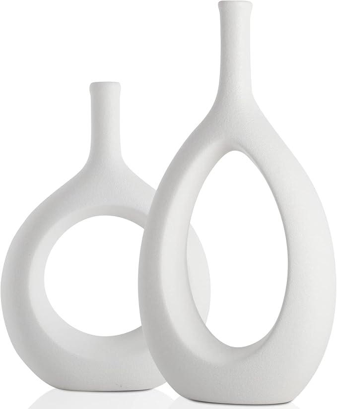 White Ceramic Hollow Elliptical Vase Set of 2 - Boho Circle Vase with Hole, for Modern White Table Decor, Living Room Decor Shelf mid Century Modern Home Entrance Decorative vase