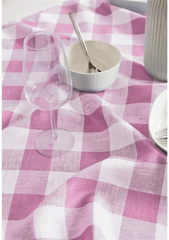 Solino Home Linen Checkered Tablecloth 60 x 120 Inch - 100% Pure Linen Pink Begonia Buffalo Plaid Table Cloth for Rectangle Tables - Machine Washable Tablecloth