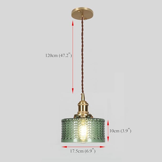 Vintage Pendant Light Fixtures, Brass Socket with ON/Off Switch and Green Glass Lamp Shade Pendant Light for Kitchen Island Farmhouse Living Room (Green,Scaly)
