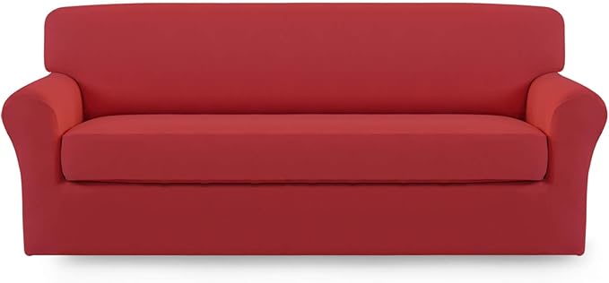 Easy-Going 2 Pieces Microfiber Stretch Sofa Slipcover – Spandex Soft Fitted Sofa Couch Cover, Washable Furniture Protector with Elastic Bottom Kids,Pet (Sofa, Christmas Red)