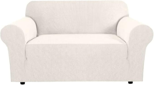 H.VERSAILTEX Stretch Couch Cover 2 Cushion Sofa Loveseat Slipcover|Sofa Cover for Love seat 1 Piece with Elastic Bottom, Textured Checked Jacquard Fabric(Loveseat 58"-70" Wide, Ivory)