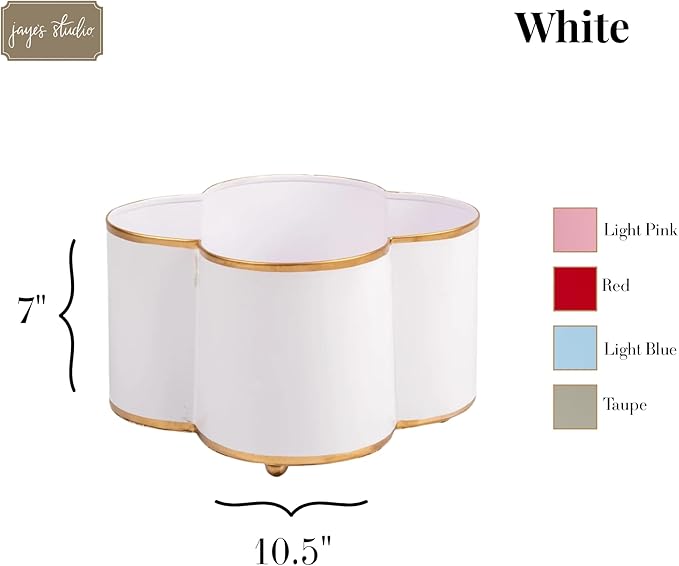 Jaye's Studio Mattie Quatrefoil Planter with Gold Trim, Metal Cachepot Planter, Decorative Flower Pots, Indoor Plant Pots for Living Room, Bedroom, Kitchen, Office, Clover Decor (White, 7x11)
