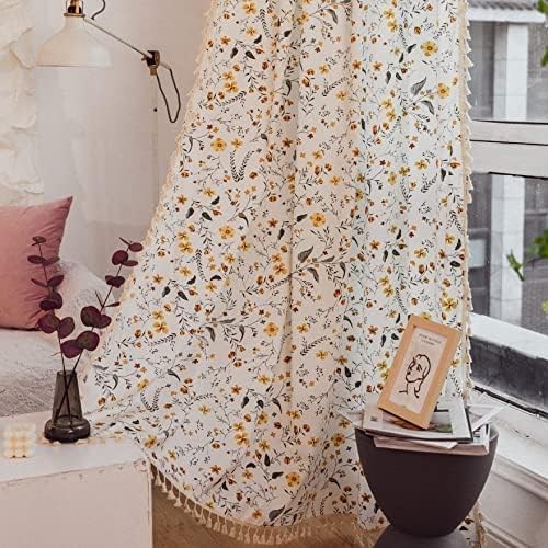 Sutuo Home Boho Curtain Semi-Blackout Vintage Florals Print Cotton Linen Fabric, Handmade Tassels Rod Pocket Bohemian Farmhouse Country Window Drape for Living Bedroom, 59" W x 63" L, 1 Panel