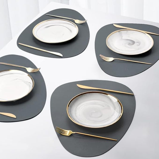 4Pack Faux Leather Placemats Set, Round Gray PU Dinning Table Mats, Wipeable Easy to Clean Stain Resistant Heat Resistant Waterproof Place Mats Durable Plate Mats for Table Nordic Style (Grey)
