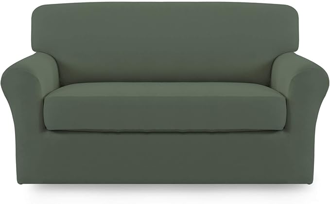 Easy-Going 2 Pieces Microfiber Stretch Sofa Slipcover – Spandex Soft Fitted Sofa Couch Cover, Washable Furniture Protector with Elastic Bottom Kids, Pet (Loveseat, Greyish Green)