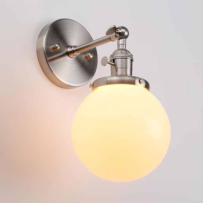 PERMO Vintage Industrial Wall Sconce with 5.9" Round Globe Milk White Glass Hand Blown Shade Brushed Nickel Sconces with E26 Bulb Base Hardwired Wall Light Fixtures