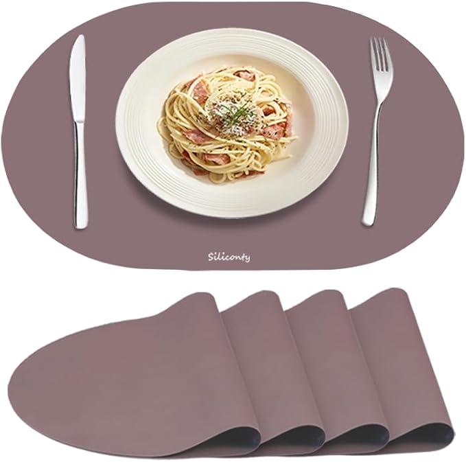 Silicone Placemats, Oval Placemats Set of 4. Heat-Resistant and Easy to Clean Siliconty Mats, Non-Slip Silicone Placemats for Table Protection. (4, Cameo Brown)