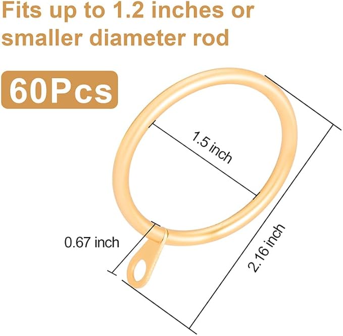 60 pcs 1.5-Inch Inner Diameter Metal Drapery Rings Curtain Rings with Eyelets, Fits Up to 1 1/4-Inch Rod, Warm Gold