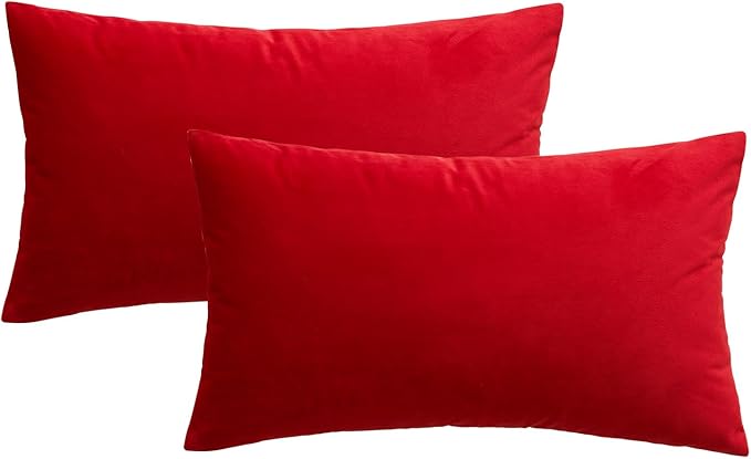MIULEE Pack of 2 Christmas Bright Red Velvet Throw Pillow Covers 12x20 Inch Soft Solid Decorative Lumbar Rectangle Cushion Cases for Couch Sofa Bedroom