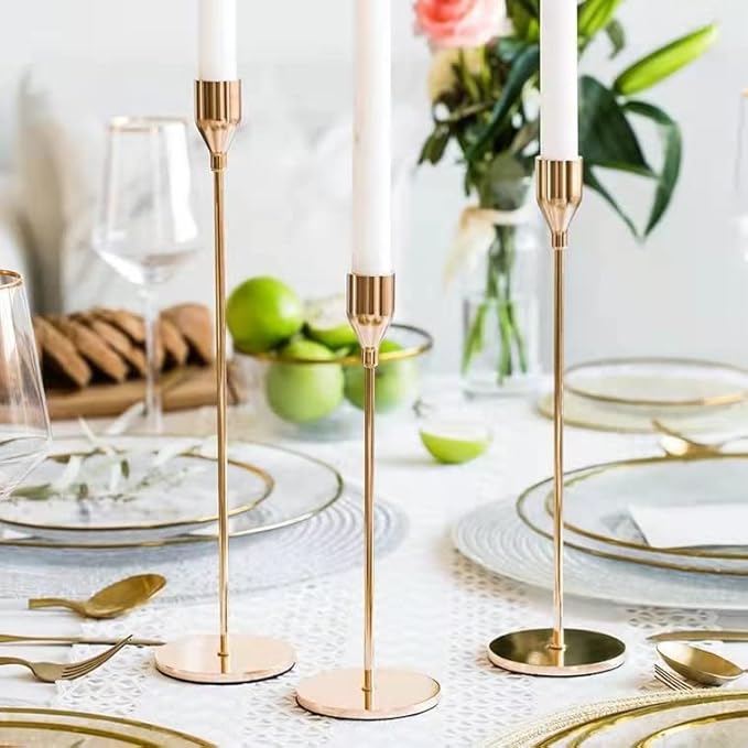 French Gold Taper Candle Holders,Set of 6 Tall Taper Candlestick fit for 3/4" Thick Pillar Candle&Led Modern Metal Candle Stands Decorative Table Centerpieces for Dinning Party Church,Decorative