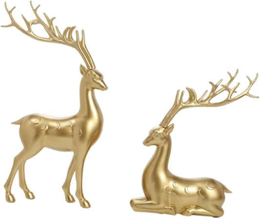 Fenteer 2X Reindeer Figurines Sitting Standing Deer Statues Table Centerpiece Rustic Ornaments Elk Sculptures for Indoor Office Gifts