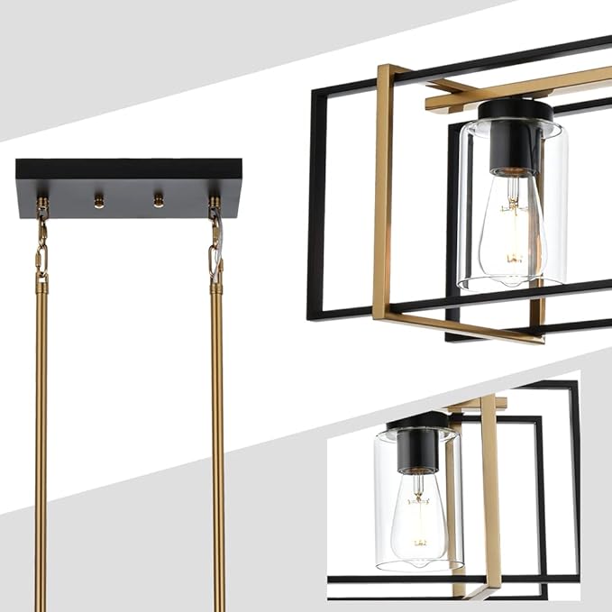 5-Light Farmhouse Chandelier Black and Brass Island Pendant Light Fixture with Clear Glass Shades, Rectangular Hanging Lighting for Kitchen or Dining Room