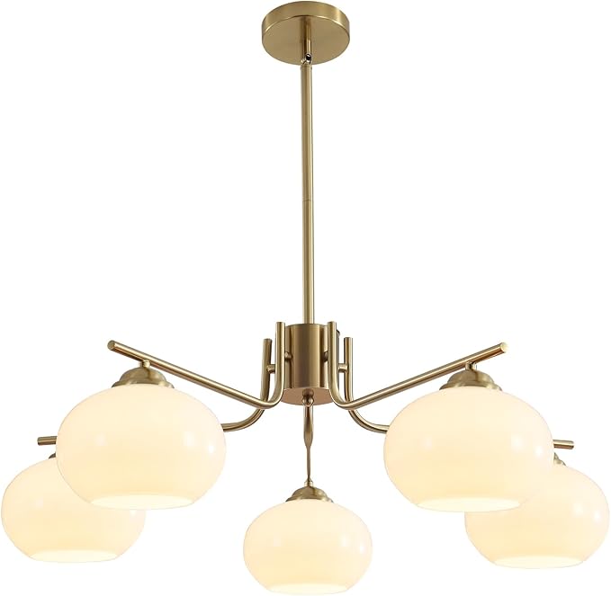 KCO Lighting 5-Light Globe Flush Mount Sputnik Chandelier Modern Brass Gold Pendant Lighting Fixture Milk Glass Ball Kitchen Island Chandelier Dining Room Light Fixture