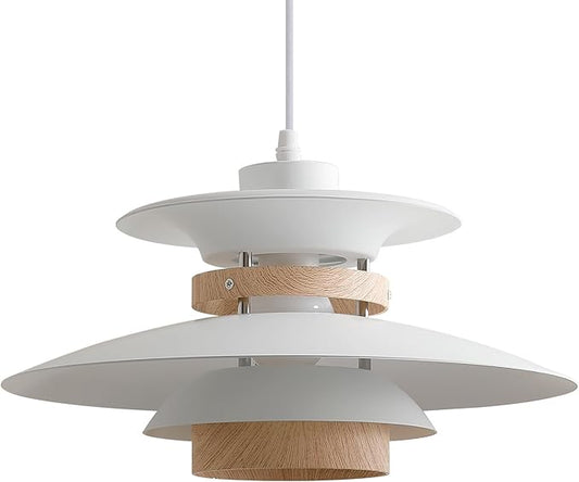 Modern Decor Adjustable Pendant Lamp Kitchen Island, Aluminum and Wood Finish,1-Light E26 Base Ceiling Hanging Light for Dining Room Shop Restaurant (White+Light Wood Grain, 35cm)
