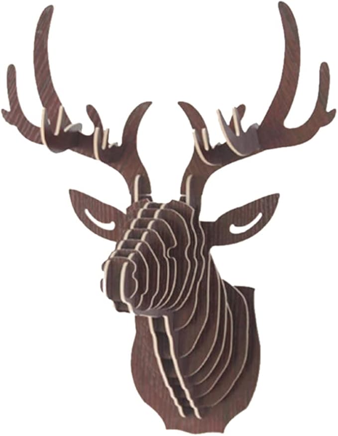 Hooshing Wall Decor Deer Head Antler DIY 3D Wooden Puzzle Sculpture Trophy Brown Wall Decoration for Home Living Room Office