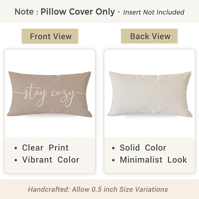 PANDICORN 12 x 20 Throw Pillow Cover Warm Beige, Stay Cozy Lumbar Decorative Cushion Case for Couch Sofa Bed, Farmhouse Fall Living Room or Entryway Bench Decor